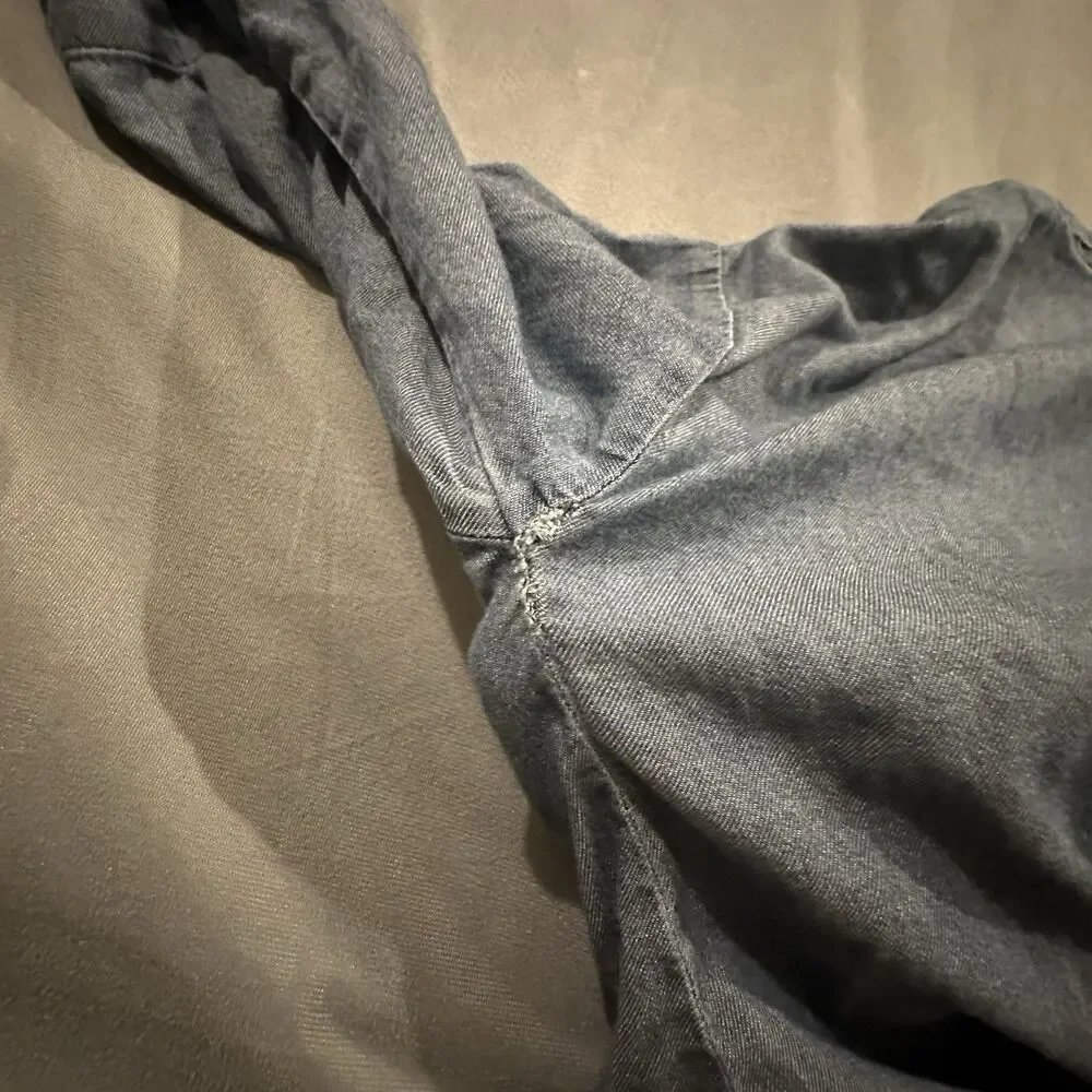 Eileen Fisher Airy Twill Shirt Bateau Neck Boxy Top Organic Cotton Blue Pockets